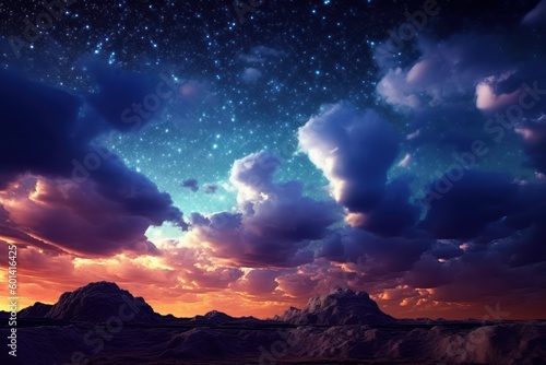 An image of a landscape where the sky and clouds have been replaced with a galaxy or starry night sky