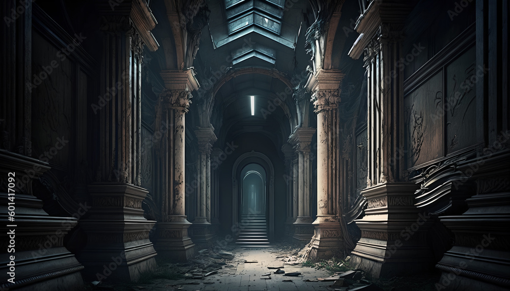 ancient ruins with very little light from the inside with a high ceiling, Generative by AI