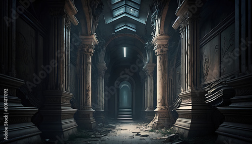 ancient ruins with very little light from the inside with a high ceiling, Generative by AI