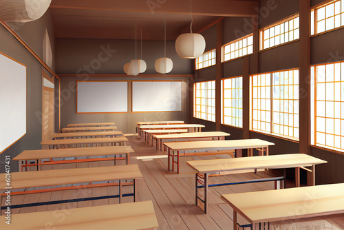 Interior views of an empty japanese style classroom. 3d render. Generative Ai