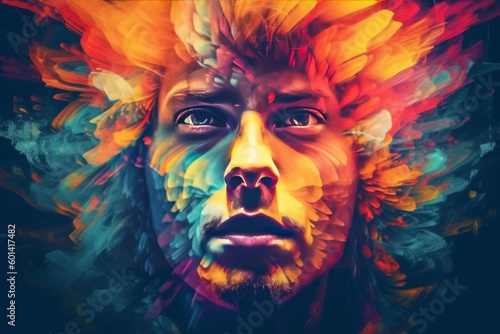 A portrait of a person with an abstract, colorful digital overlay