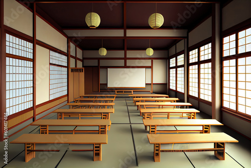 interior of a traditional primary school, wooden floor and elements. Generative Ai