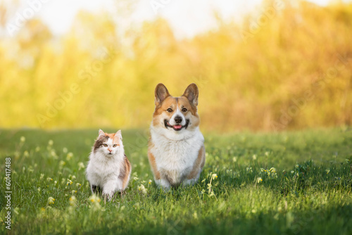 a cat and a corgi dog are sitting in a spring sunny meadow