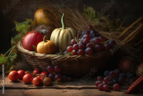 Harvest festival, pumpkin, tomatoes harvesting, Thanksgiving Day background, AI Generated