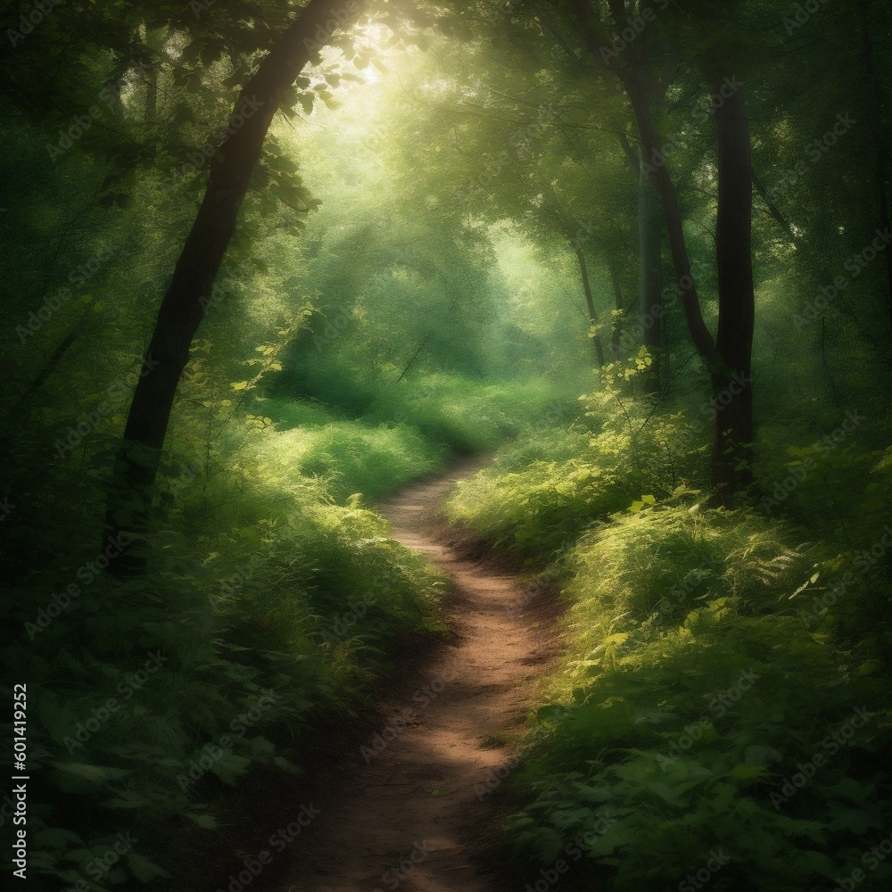 Obraz premium forest leaf path wood summer pathway green tree nature landscape. Generative AI.