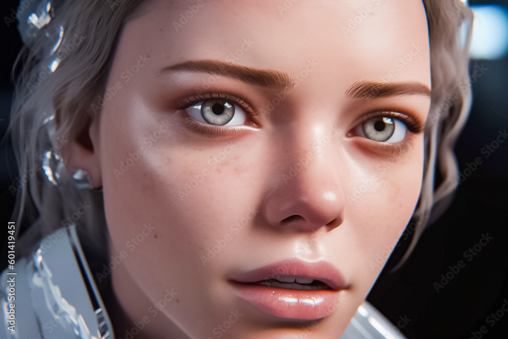 The face of a futuristic android woman with a bright blue eye and a metallic machine attached from her neck down to her body. generative AI. The face of a futuristic android woman with a bright blue eye and a metallic machine attached from her neck down to her body. generative AI.
