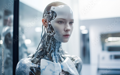 The face of a futuristic android woman with a bright blue eye and a metallic machine attached from her neck down to her body. generative AI.