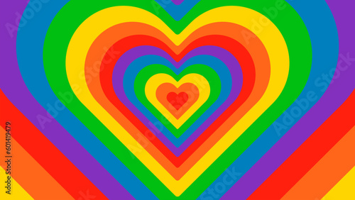 Background BG Rainbow Heart. Psychedelic Hypnotic Shaped Tunnel. Love LGBT Pride. Multicolored Wallpaper Shining Ray Scene Comic Cartoon Design.