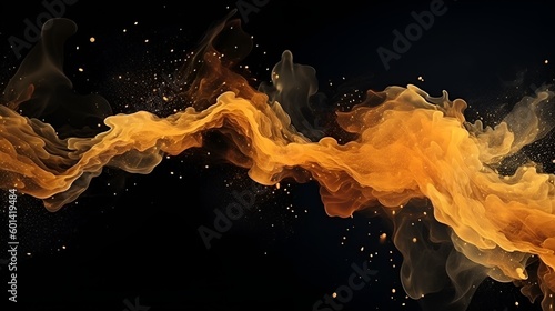 Generative AI, Orange Shiny Smoke. Paint water mix, Glitter fluid Ink water mist. abstract art orange lowing fog cloud wave, texture paint vapor storm wave on dark black abstract background.