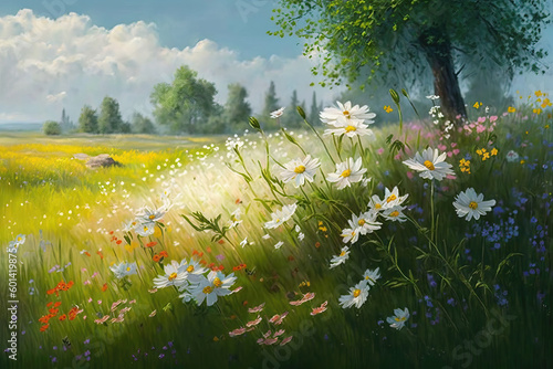 Fototapeta Naklejka Na Ścianę i Meble -  field with flowers in aquarelle style, ai generated