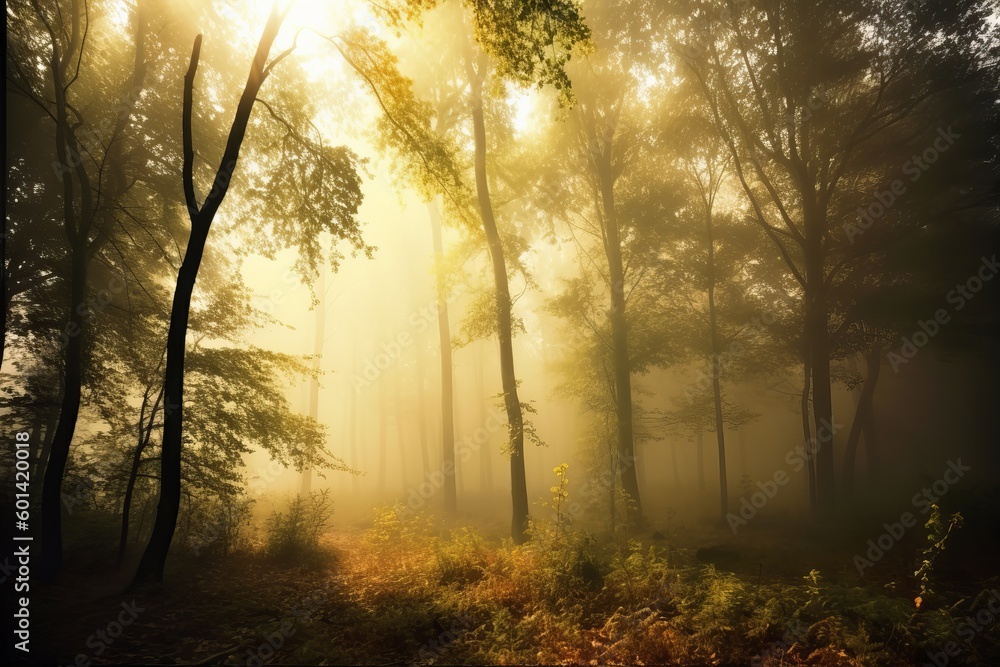 Foggy image in beautiful forest with sun rays from generative ai