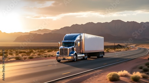 Vibrant Semi Truck on Open Road: Expansive Desert Landscape Backdrop