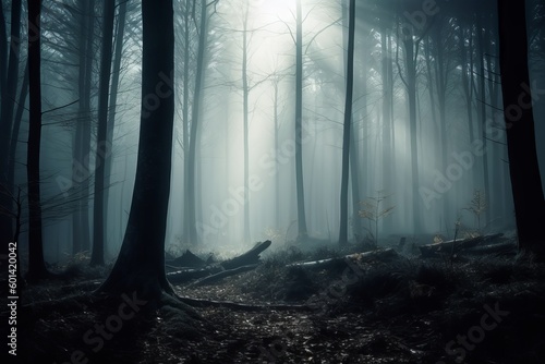 Foggy image in beautiful forest with sun rays from generative ai