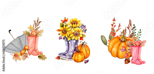 Watercolor hand drawn autumn leaves and pumpkins composition. Illustration of autumn. Perfect for scrapbooking, kids design, wedding invitation, posters, greetings cards, party decoration.