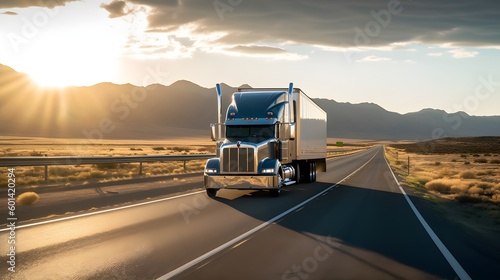 Vibrant Semi Truck on Open Road: Expansive Desert Mountain Landscape Backdrop