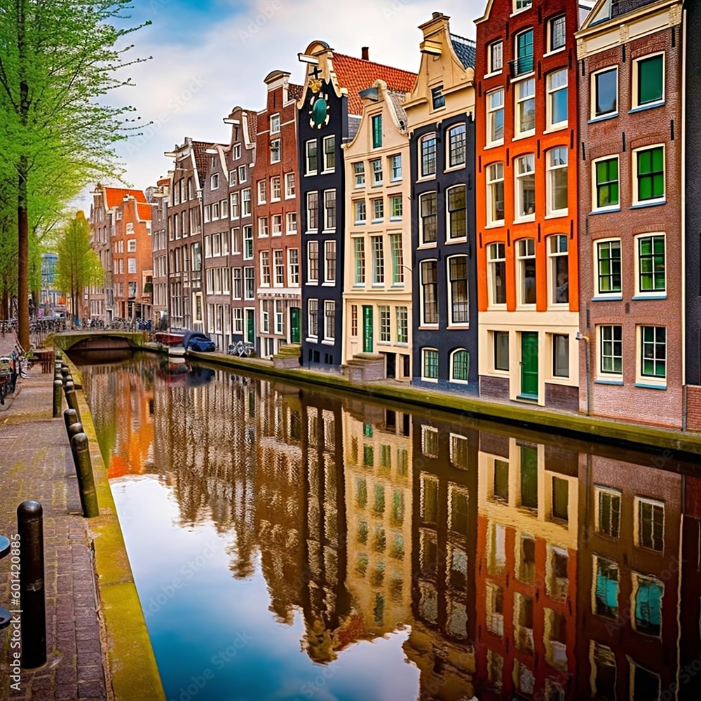 Canals and charming architecture of Amsterdam, with colorful townhouses lining the waterways.