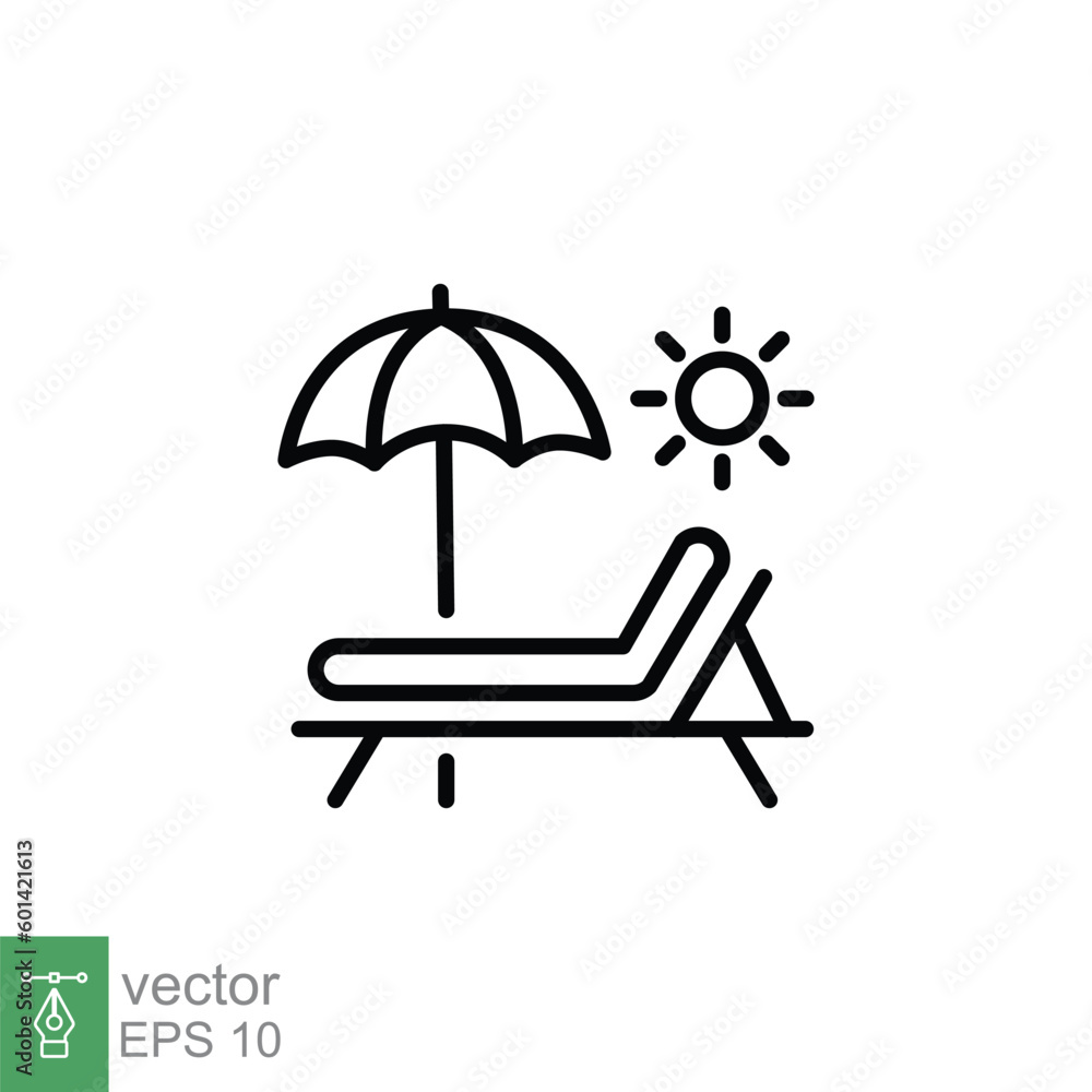 Sunbed icon. Simple outline style. Resort, beach, chair, umbrella, deck, lounger, summer concept. Thin line symbol. Vector symbol illustration isolated on white background. EPS 10. Sunbed icon. Simple outline style. Resort, beach, chair, umbrella, deck, lounger, summer concept. Thin line symbol. Vector symbol illustration isolated on white background. EPS 10.