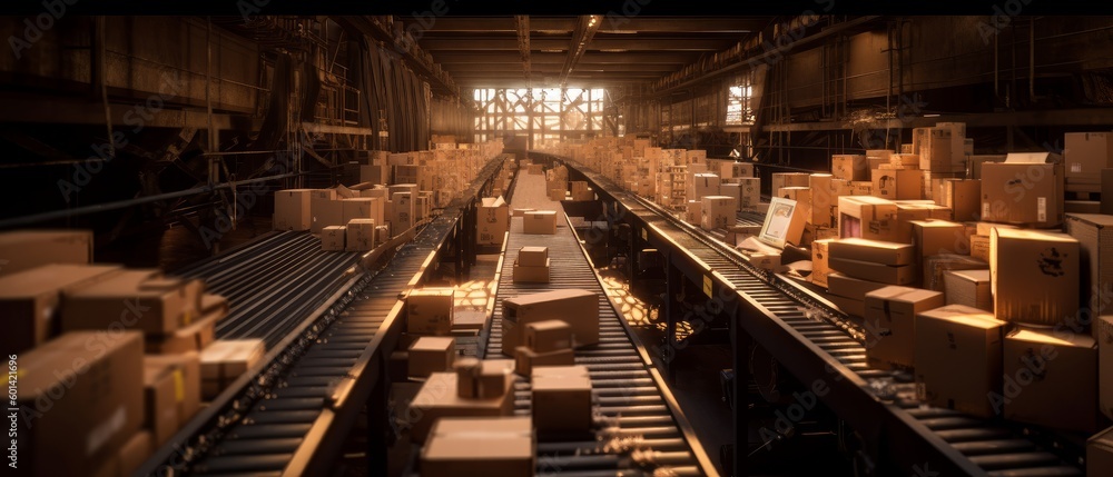 Parcels moving on a conveyor belt in a sorting center, logistics and delivery concept. Generative AI