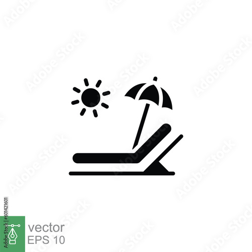 Sunbed icon. Simple solid style. Resort, beach, chair, umbrella, deck, lounger, summer concept. Black silhouette, glyph symbol. Vector symbol illustration isolated on white background. EPS 10.