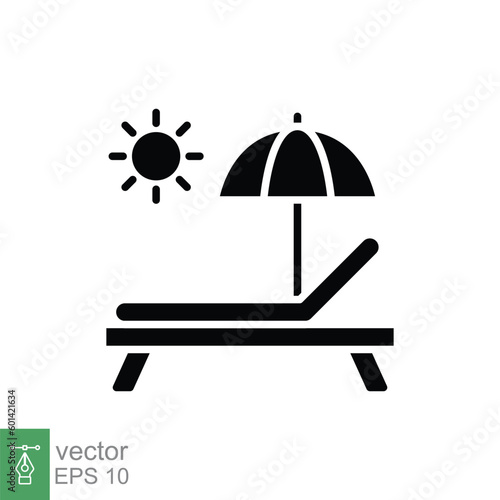 Sunbed icon. Simple solid style. Resort, beach, chair, umbrella, deck, lounger, summer concept. Black silhouette, glyph symbol. Vector symbol illustration isolated on white background. EPS 10.