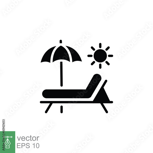 Sunbed icon. Simple solid style. Resort, beach, chair, umbrella, deck, lounger, summer concept. Black silhouette, glyph symbol. Vector symbol illustration isolated on white background. EPS 10.