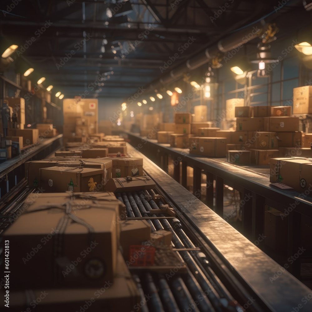 Parcels moving on a conveyor belt in a sorting center, logistics and ...