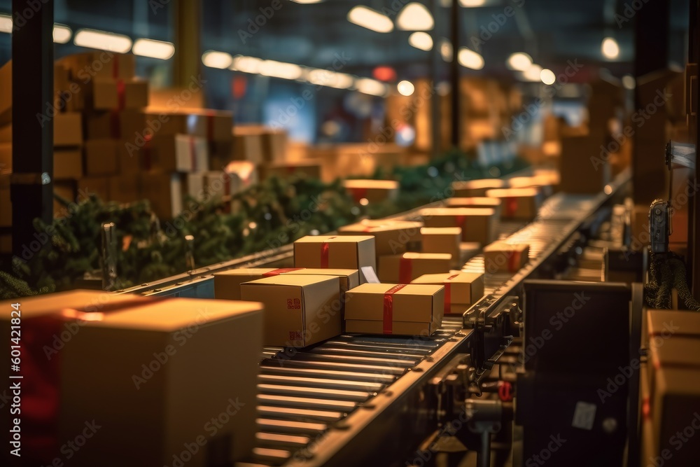 Parcels moving on a conveyor belt in a sorting center, logistics and delivery concept. Generative AI Parcels moving on a conveyor belt in a sorting center, logistics and delivery concept. Generative AI