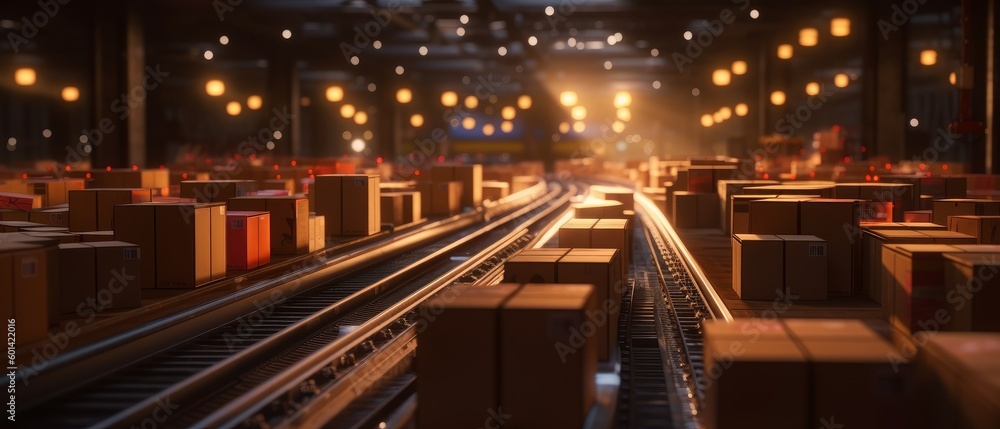Parcels moving on a conveyor belt in a sorting center, logistics and ...