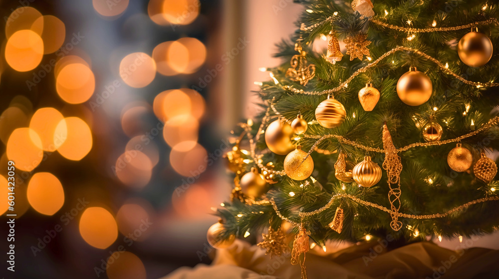 A traditional Christmas tree, bathed in warm, soft lighting that highlights the ornamented details and soft, blurred bokeh textures in the background, Created with generative Ai Technology.

