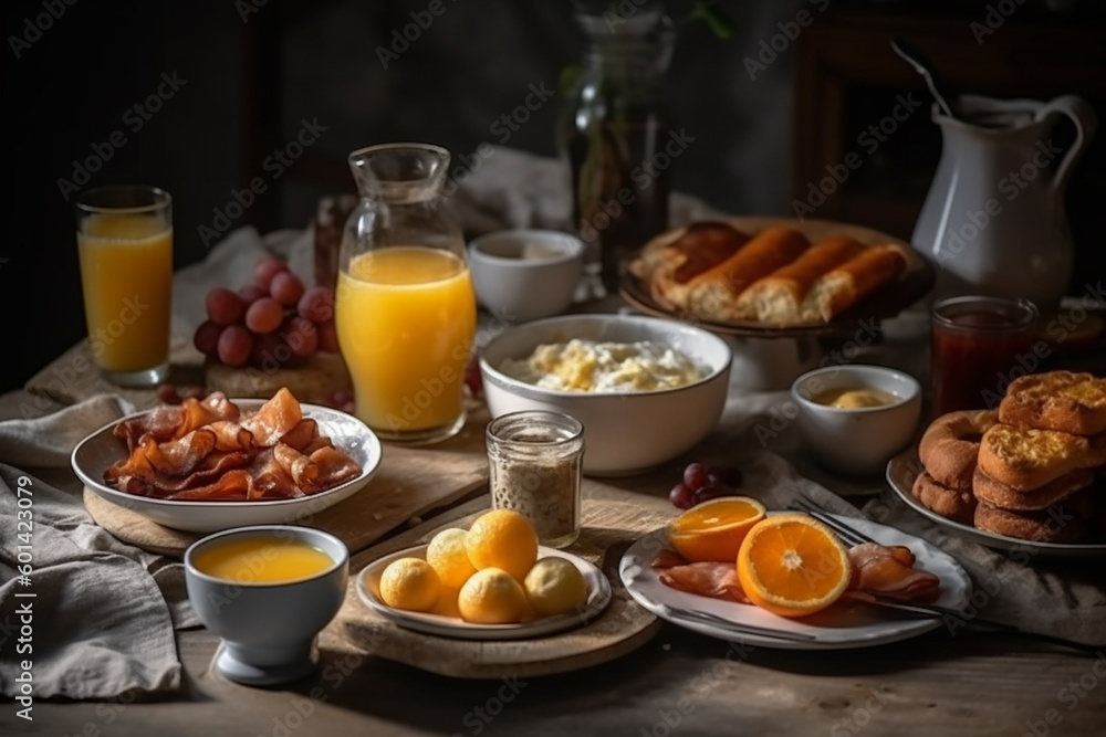 Generative AI - A lot of different food served for traditional European breakfast Generative AI - A lot of different food served for traditional European breakfast