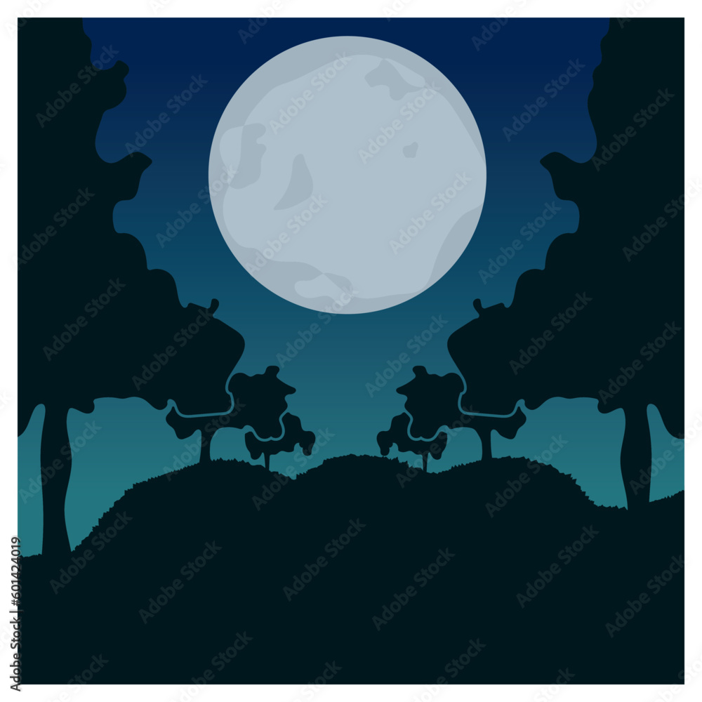 Night with full moon moonlight outdoor view illustration