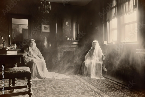 Spirit leaving the body, regression, past, ancestors, ghosts, hauntings, 1910s spiritualism photography, black and white, Generative AI photo