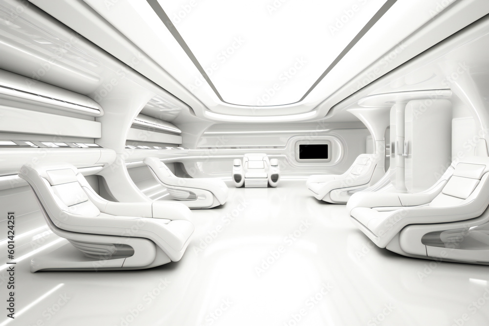 Smooth clean white futuristic interior, science fiction lab or space ship. Created with Generative AI technology. Smooth clean white futuristic interior, science fiction lab or space ship. Created with Generative AI technology.