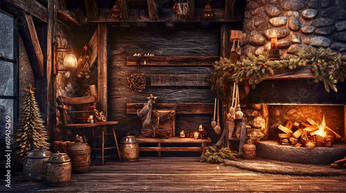 A rustic winter scene, with a cozy fireplace, surrounded by rough wood textures, lit by warm, flickering light to create a cozy and inviting atmosphere, Created with generative Ai Technology. 