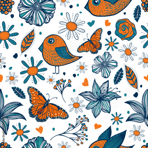 Seamless pattern multicolored baby birds, leaves, flowers. Vector illustration. Summer bright print in cartoon style. Ideal for textiles, wallpaper, fabric and paper.