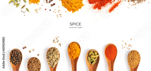 Creative layout made of spices, cardamon, chilli pepper, cumin, curry, coriander, paprika, seeds, anise, black pepper, mustard seeds on the white background. Flat lay. Food concept.	