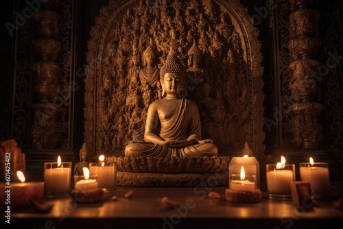 An ancient Buddha statue is enveloped in an ethereal ambiance  serenely surrounded by the soft flickering of candlelight. Generative AI