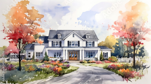 Watercolor Generative AI Illustration of a Modern White Farm House With Fall Trees