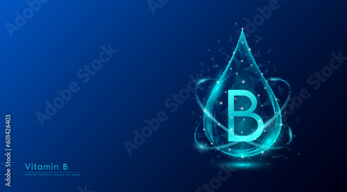 Vitamin B drop blue low poly and chemical formula. Medicine science innovative. Multivitamins complex collagen supplement skincare anti aging. Cosmetics nutrition banner design. Vector.