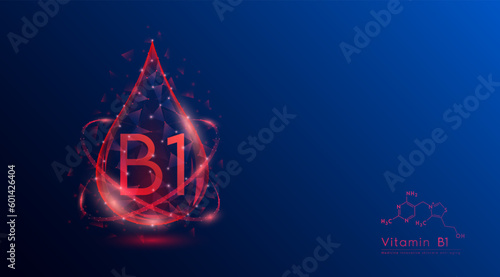 Vitamin B1 drop red low poly and structure chemical formula. Medicine science innovative. Multivitamins complex collagen supplement skincare anti aging. Cosmetics nutrition banner design. Vector.