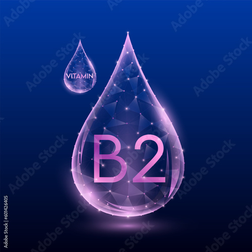 Vitamins complex skin care anti aging. Vitamin B2 drop pink translucent low poly on dark blue background. Multivitamins collagen supplement. Cosmetics nutrition design. Vector EPS 10 illustration.
