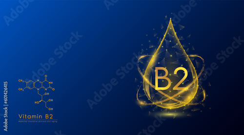 Vitamin B2 drop oeange low poly and structure chemical formula. Medicine science innovative. Multivitamins complex collagen supplement skincare anti aging. Cosmetics nutrition banner design. Vector.