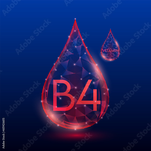 Vitamins complex skin care anti aging. Vitamin B4 drop red translucent low poly on dark blue background. Multivitamins collagen supplement. Cosmetics nutrition design. Vector EPS 10 illustration.