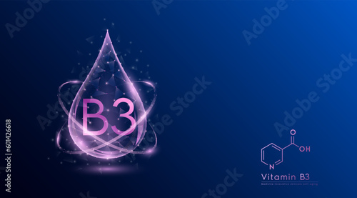 Vitamin B3 drop pink low poly and structure chemical formula. Medicine science innovative. Multivitamins complex collagen supplement skincare anti aging. Cosmetics nutrition banner design. Vector.