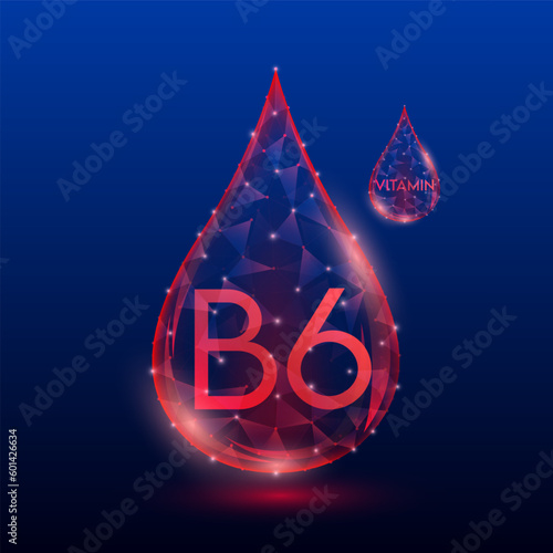 Vitamins complex skin care anti aging. Vitamin B6 drop red translucent low poly on dark blue background. Multivitamins collagen supplement. Cosmetics nutrition design. Vector EPS 10 illustration.