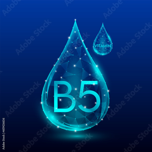 Vitamins complex skin care anti aging. Vitamin B5 drop blue translucent low poly on dark blue background. Multivitamins collagen supplement. Cosmetics nutrition design. Vector EPS 10 illustration.