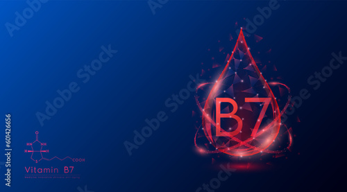 Vitamin B7 drop red low poly and structure chemical formula. Medicine science innovative. Multivitamins complex collagen supplement skincare anti aging. Cosmetics nutrition banner design. Vector.