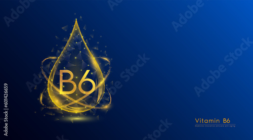 Vitamin B6 drop oeange low poly and structure chemical formula. Medicine science innovative. Multivitamins complex collagen supplement skincare anti aging. Cosmetics nutrition banner design. Vector.