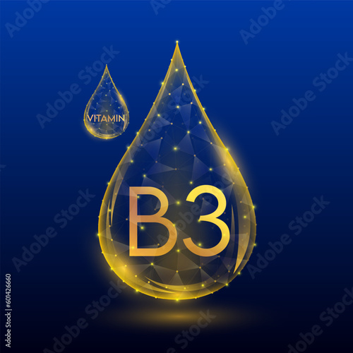 Vitamins complex skin care anti aging. Vitamin B3 drop orange translucent low poly on dark blue background. Multivitamins collagen supplement. Cosmetics nutrition design. Vector EPS 10 illustration.