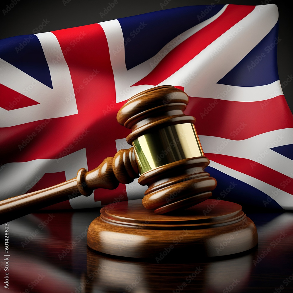 Wooden Gavel and British Flag, Created with generative AI